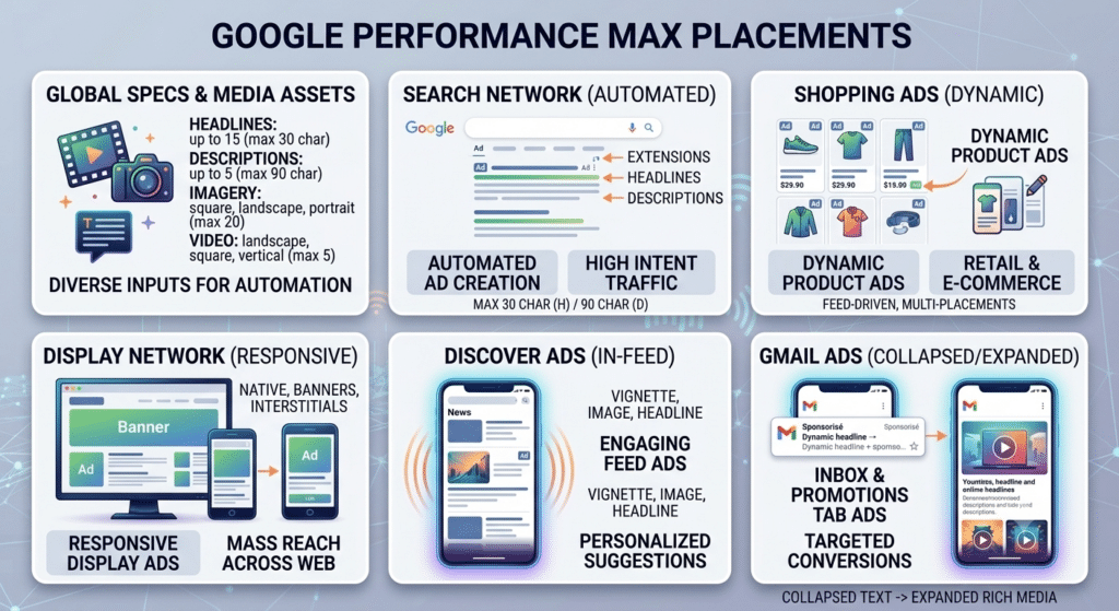 Guide des emplacements publicitaires par plateforme Google Performance Max